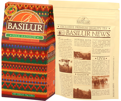 Herbata Basilur Folk Rainbow – ozdobne opakowanie inspirowane wzorami ludowymi.