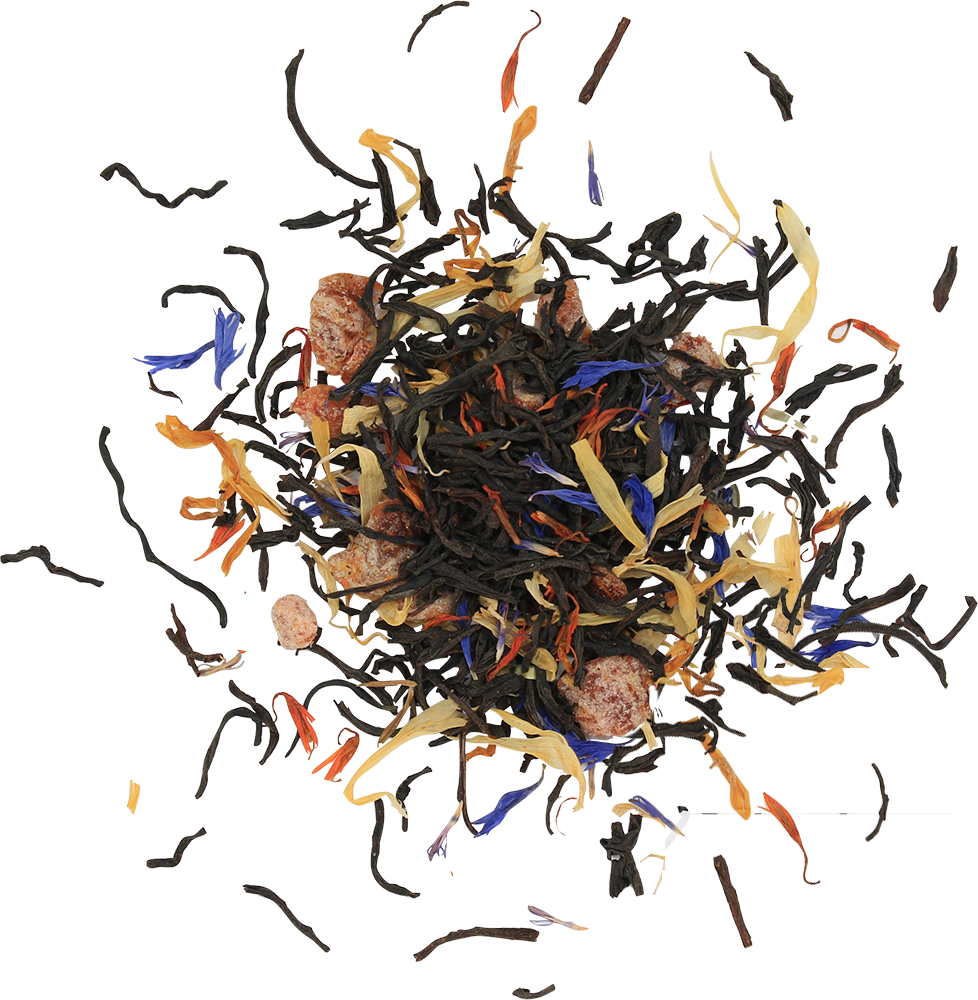 Liście herbaty Basilur Folk Rainbow z owocami truskawki i płatkami kwiatów – aromatyczna czarna herbata.