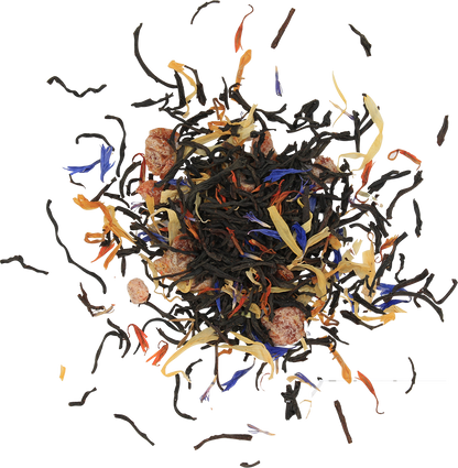 Liście herbaty Basilur Folk Rainbow z owocami truskawki i płatkami kwiatów – aromatyczna czarna herbata.