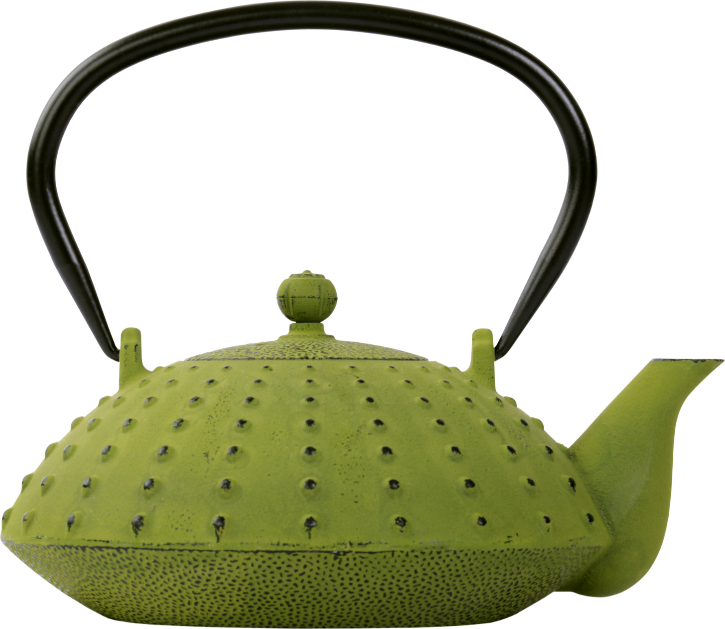 Zielony dzbanek żeliwny Basilur z czarną rączką, widok z boku.