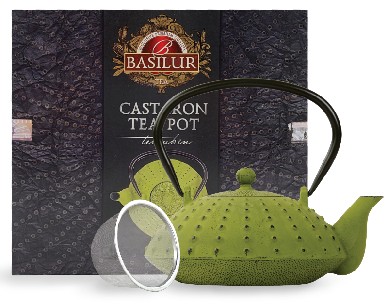Zestaw prezentowy Basilur: dzbanek żeliwny zielony z zaparzaczem i opakowaniem.