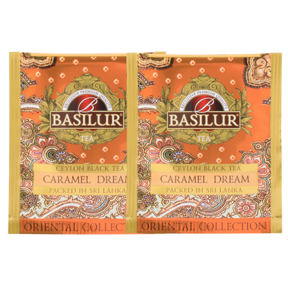 Dwie koperty herbaty basilur caramel dream z dodatkiem karmelu.