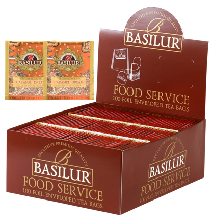 Herbata Basilur Caramel Dream w ekspozytorze typu food service, 100 kopertowanych torebek czarnej herbaty.