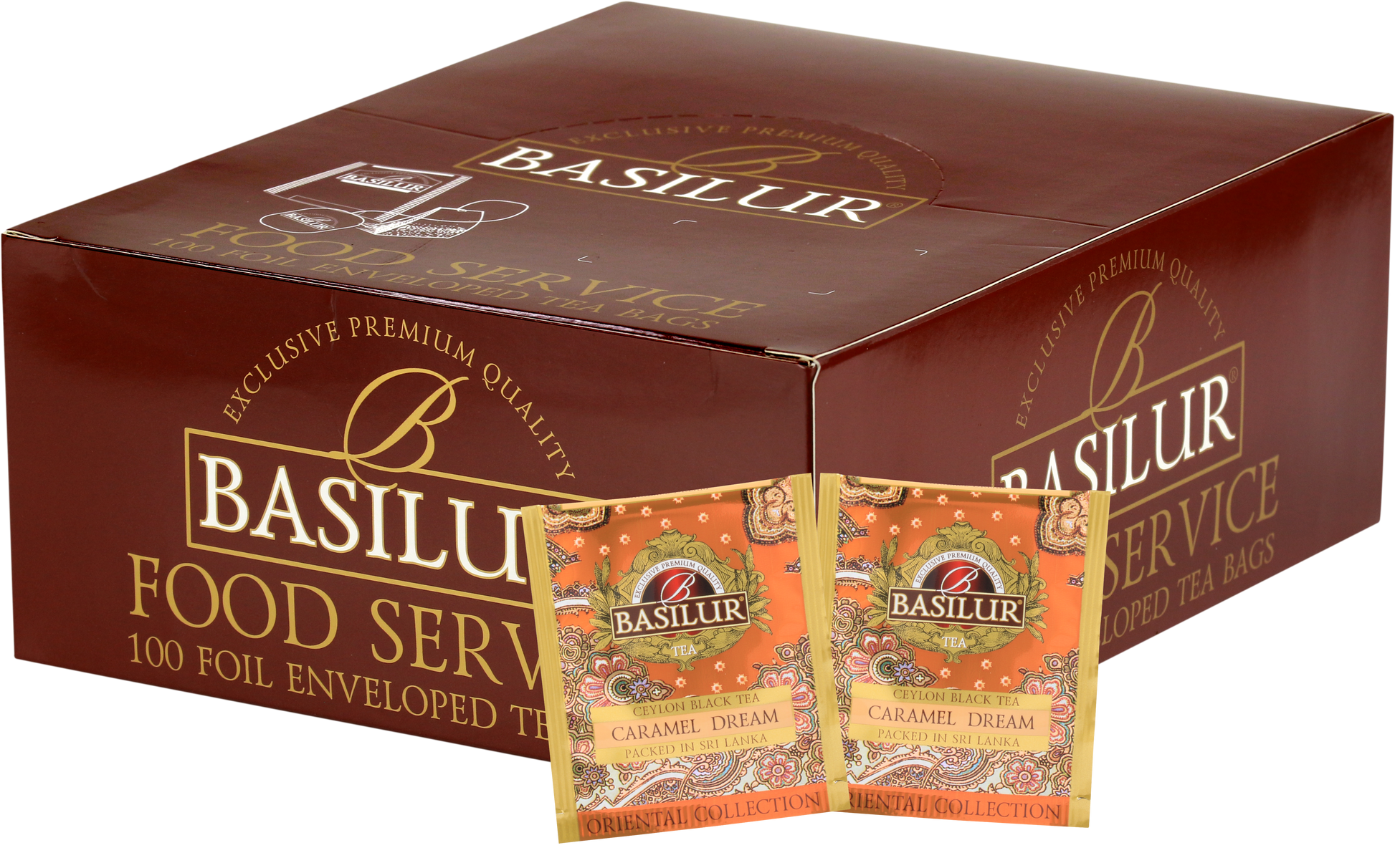 Opakowanie zbiorcze Basilur Caramel Dream z saszetkami czarnej herbaty cejlońskiej o smaku karmelu.