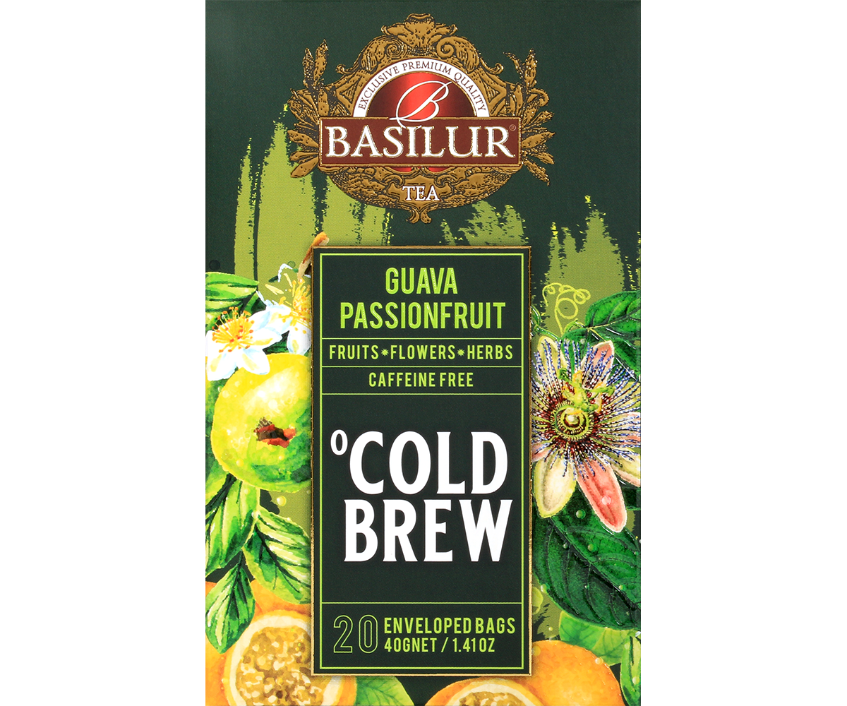 Przód opakowania herbaty Basilur Cold Brew Guava Passionfruit, mieszanka owoców, kwiatów i ziół bez kofeiny.
