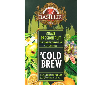 Przód opakowania herbaty Basilur Cold Brew Guava Passionfruit, mieszanka owoców, kwiatów i ziół bez kofeiny.