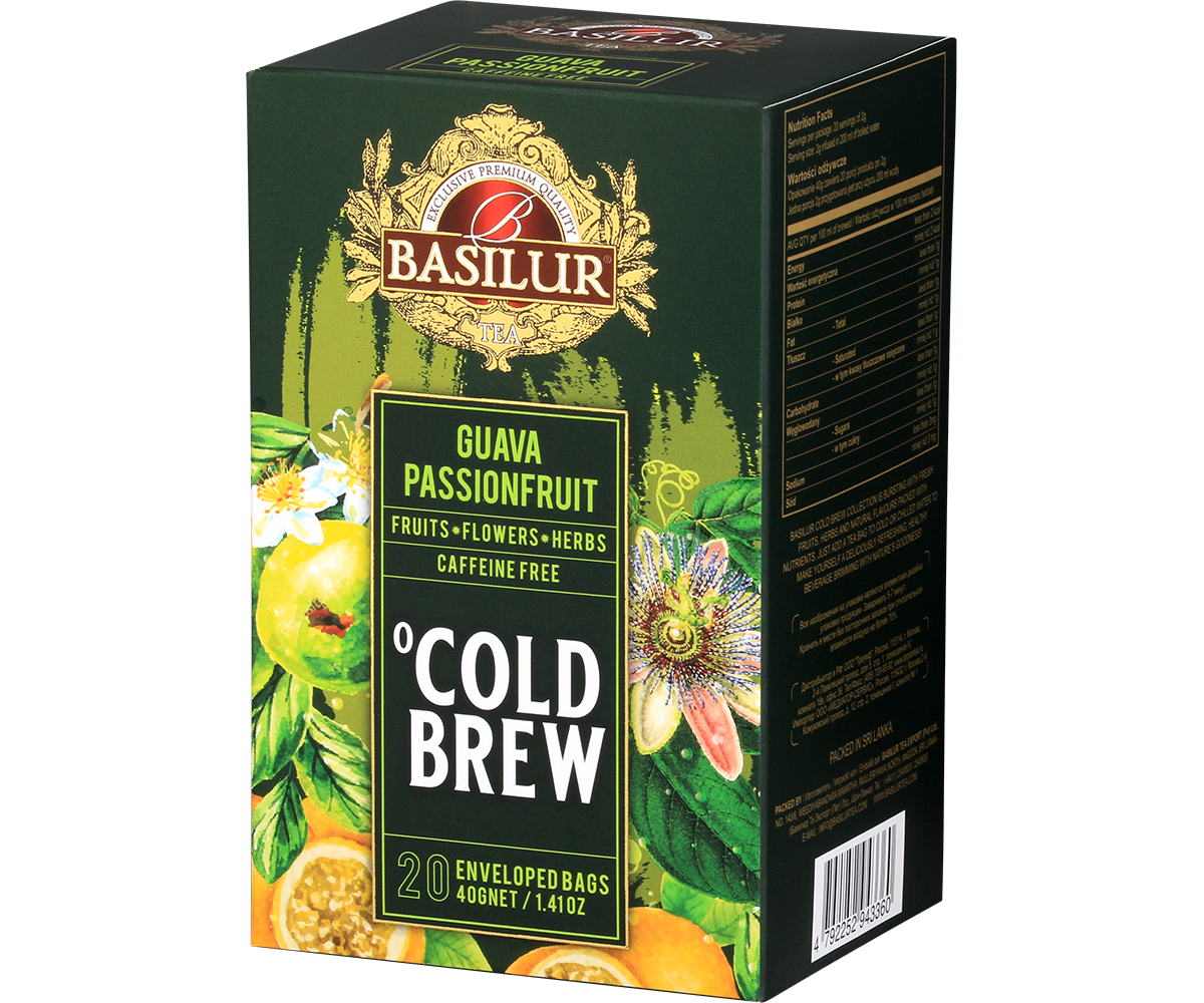 Bok opakowania herbaty Basilur Guava Passionfruit Cold Brew, owocowa mieszanka do zaparzania na zimno.