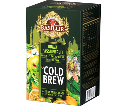 Bok opakowania herbaty Basilur Guava Passionfruit Cold Brew, owocowa mieszanka do zaparzania na zimno.