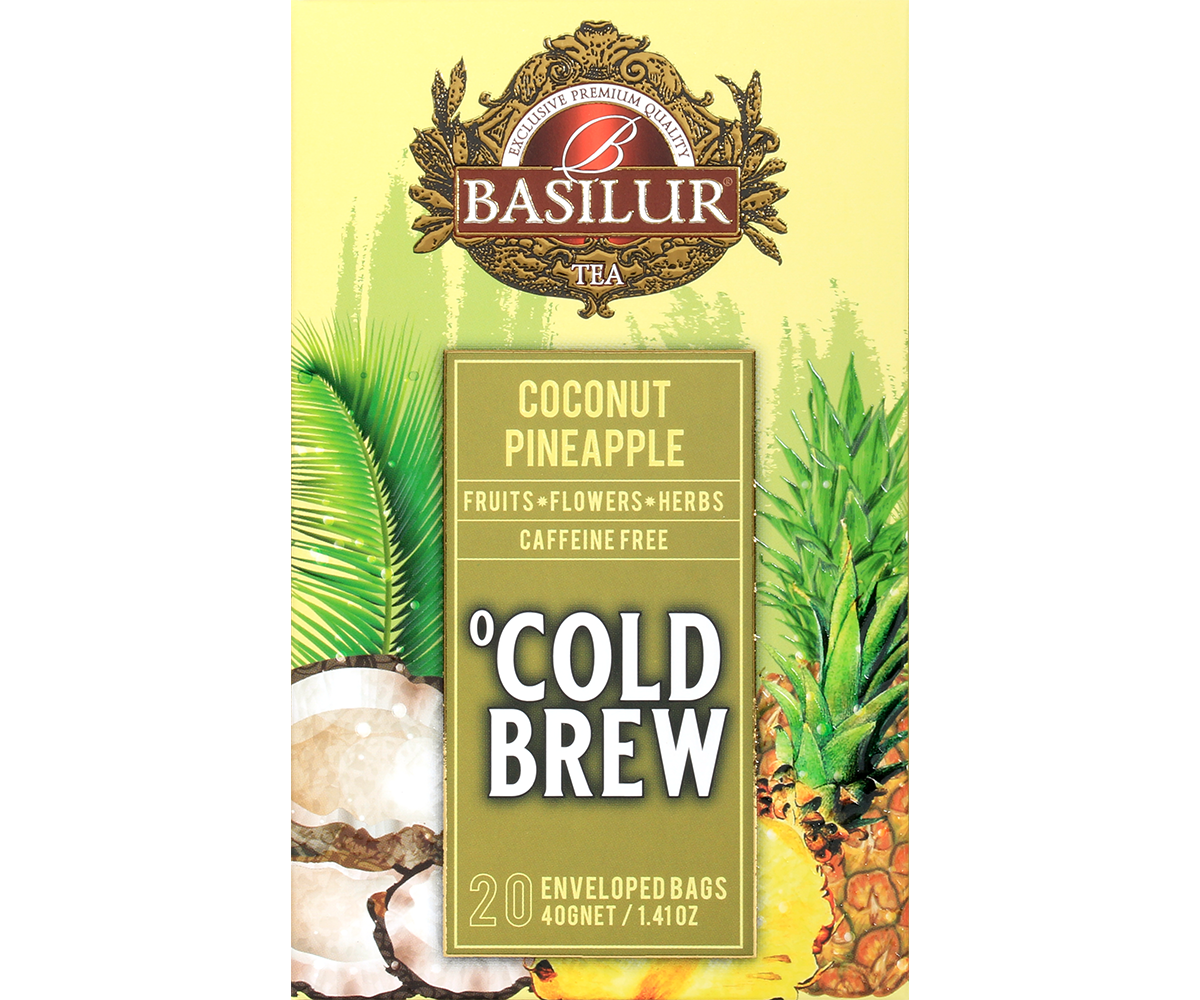 Przód opakowania Basilur Cold Brew Coconut Pineapple, tropikalna mieszanka owoców bez kofeiny.