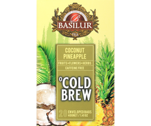 Przód opakowania Basilur Cold Brew Coconut Pineapple, tropikalna mieszanka owoców bez kofeiny.