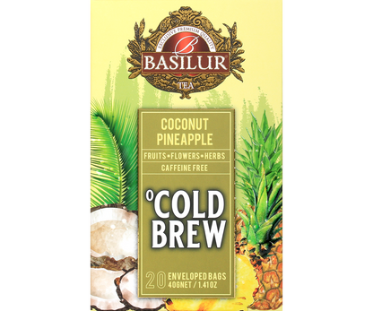 Przód opakowania Basilur Cold Brew Coconut Pineapple, tropikalna mieszanka owoców bez kofeiny.