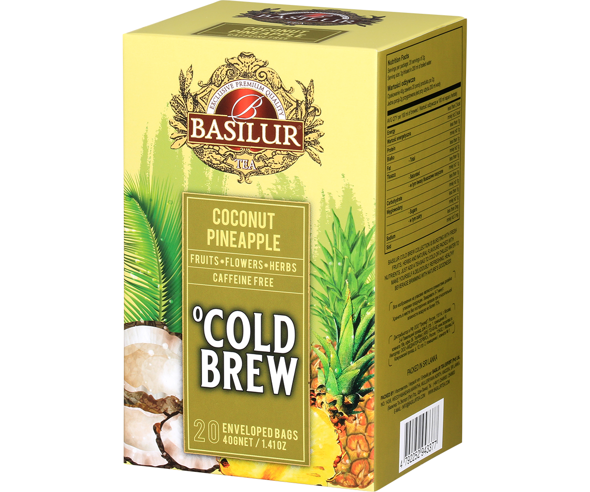 Bok pudełka Basilur Coconut Pineapple Cold Brew, owocowa herbata bez kofeiny.