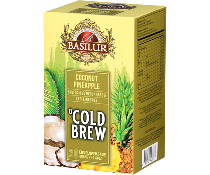 Bok pudełka Basilur Coconut Pineapple Cold Brew, owocowa herbata bez kofeiny.
