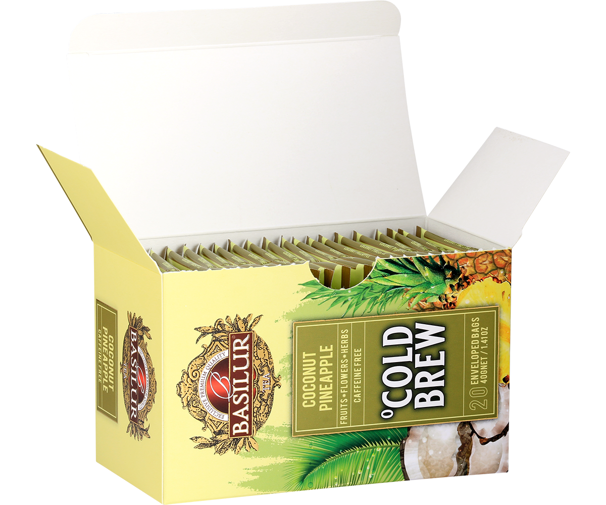 Otwarte pudełko herbaty Basilur Cold Brew Coconut Pineapple z kopertami, herbata na zimno z kokosem i ananasem.