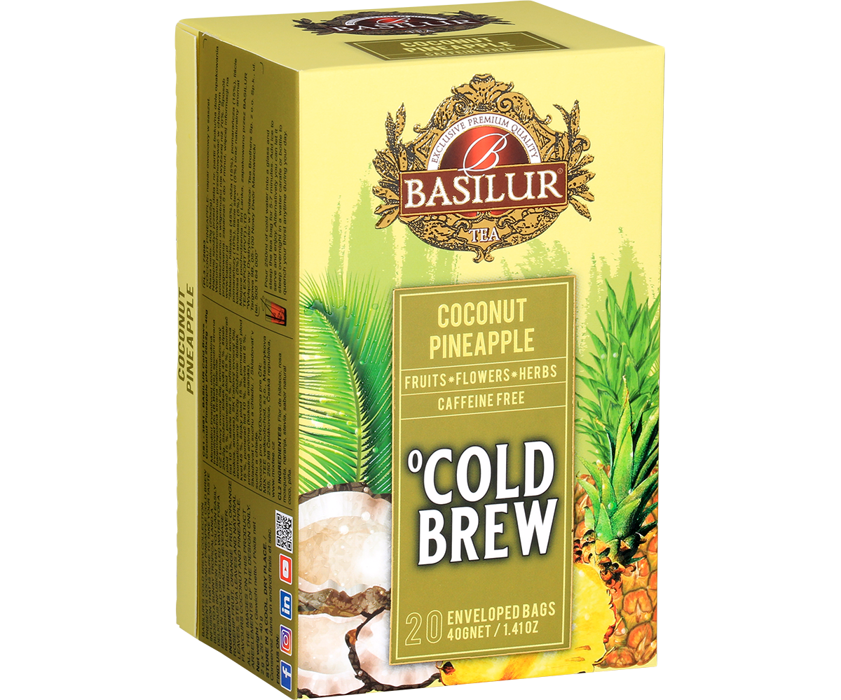 Pudełko herbaty Basilur Cold Brew Coconut Pineapple w perspektywie, mieszanka ananasa, kokosa, kwiatów i ziół.