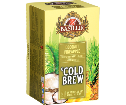 Pudełko herbaty Basilur Cold Brew Coconut Pineapple w perspektywie, mieszanka ananasa, kokosa, kwiatów i ziół.