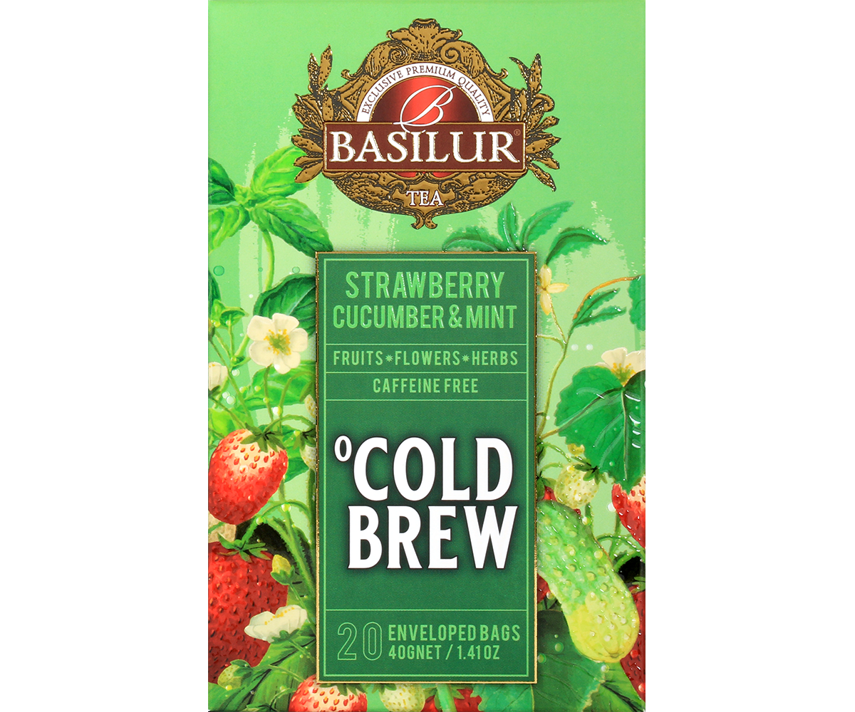 Przód opakowania Basilur Cold Brew Strawberry Cucumber & Mint, herbata z truskawką, ogórkiem i miętą.