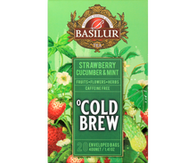 Przód opakowania Basilur Cold Brew Strawberry Cucumber & Mint, herbata z truskawką, ogórkiem i miętą.