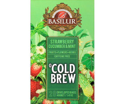Przód opakowania Basilur Cold Brew Strawberry Cucumber & Mint, herbata z truskawką, ogórkiem i miętą.