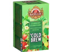 Bok pudełka herbaty Basilur Cold Brew Strawberry Cucumber & Mint, owocowo-ziołowa mieszanka bez kofeiny.