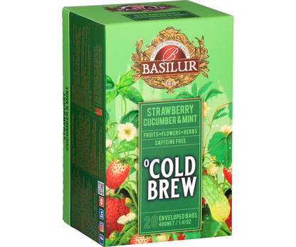 Bok pudełka herbaty Basilur Cold Brew Strawberry Cucumber & Mint, owocowo-ziołowa mieszanka bez kofeiny.