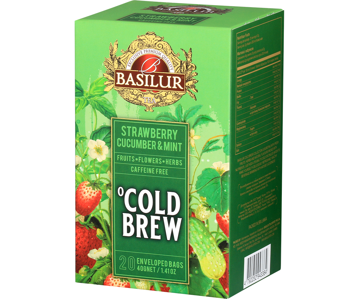 Pudełko herbaty Basilur Cold Brew Strawberry Cucumber & Mint w perspektywie, letnia kompozycja bez kofeiny.