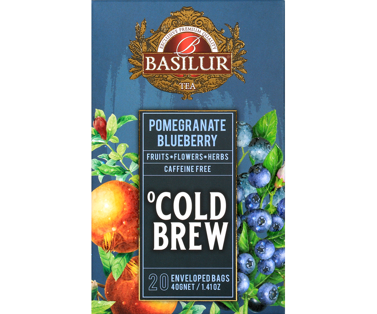 Przód opakowania Basilur Cold Brew Pomegranate Blueberry, owocowa herbata bez kofeiny z granatem i borówką.