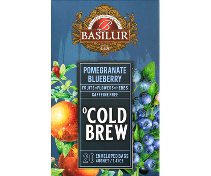 Przód opakowania Basilur Cold Brew Pomegranate Blueberry, owocowa herbata bez kofeiny z granatem i borówką.