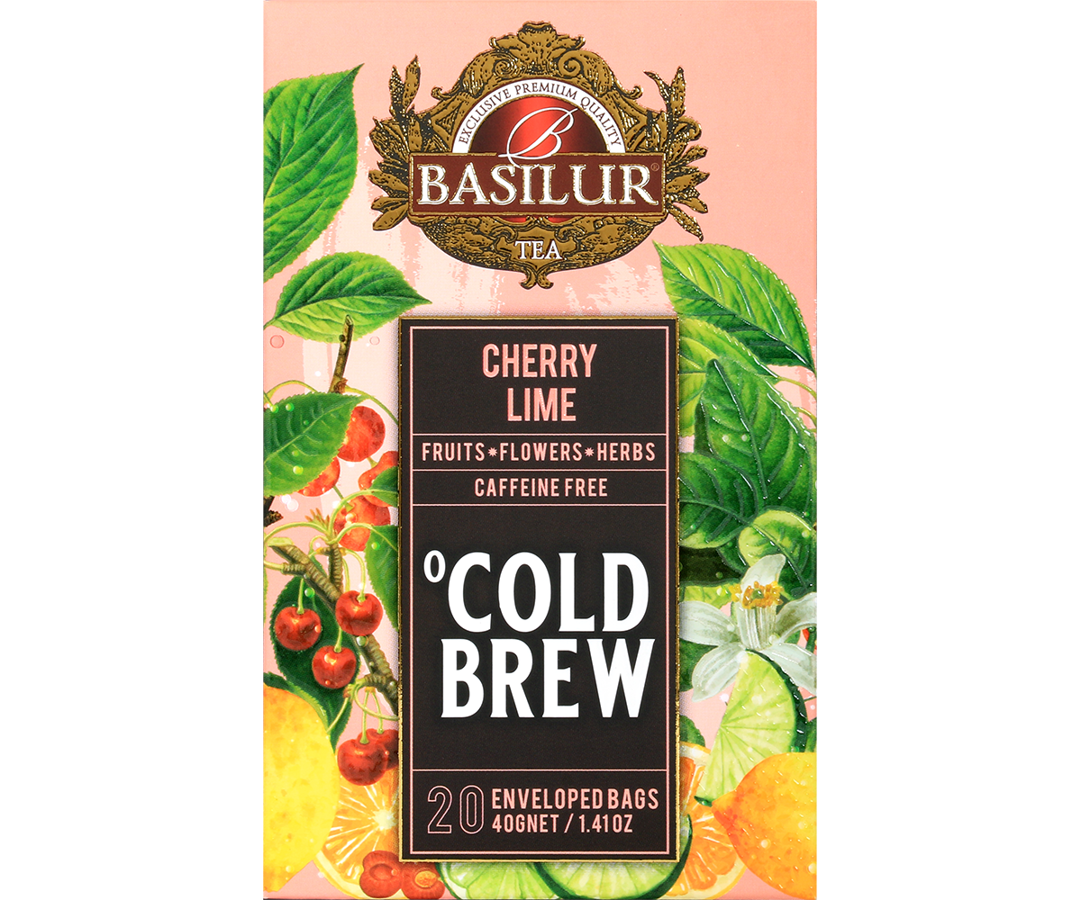 Przód opakowania Basilur Cold Brew Cherry Lime, owocowa herbata bez kofeiny z wiśnią i limonką.
