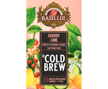 Przód opakowania Basilur Cold Brew Cherry Lime, owocowa herbata bez kofeiny z wiśnią i limonką.
