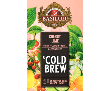 Przód opakowania Basilur Cold Brew Cherry Lime, owocowa herbata bez kofeiny z wiśnią i limonką.