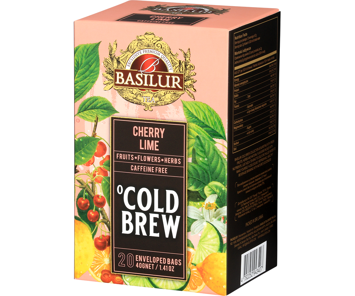 Bok pudełka Basilur Cherry Lime Cold Brew, mieszanka owoców i ziół bez kofeiny.