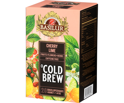 Bok pudełka Basilur Cherry Lime Cold Brew, mieszanka owoców i ziół bez kofeiny.