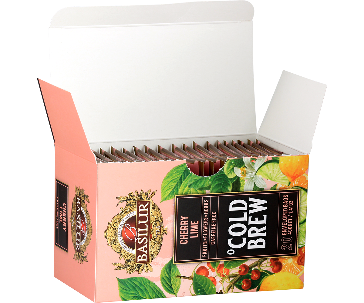Otwarte pudełko Basilur Cold Brew Cherry Lime z kopertami, herbata na zimno o smaku wiśni i limonki.