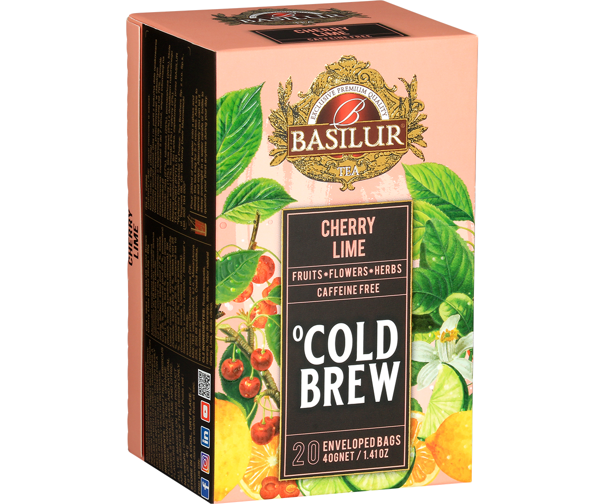 Pudełko Basilur Cold Brew Cherry Lime w perspektywie, orzeźwiająca herbata z wiśni i cytrusów.