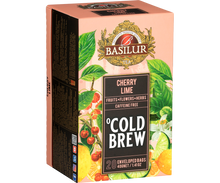 Pudełko Basilur Cold Brew Cherry Lime w perspektywie, orzeźwiająca herbata z wiśni i cytrusów.