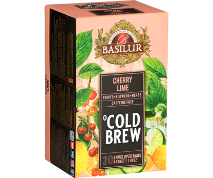 Pudełko Basilur Cold Brew Cherry Lime w perspektywie, orzeźwiająca herbata z wiśni i cytrusów.