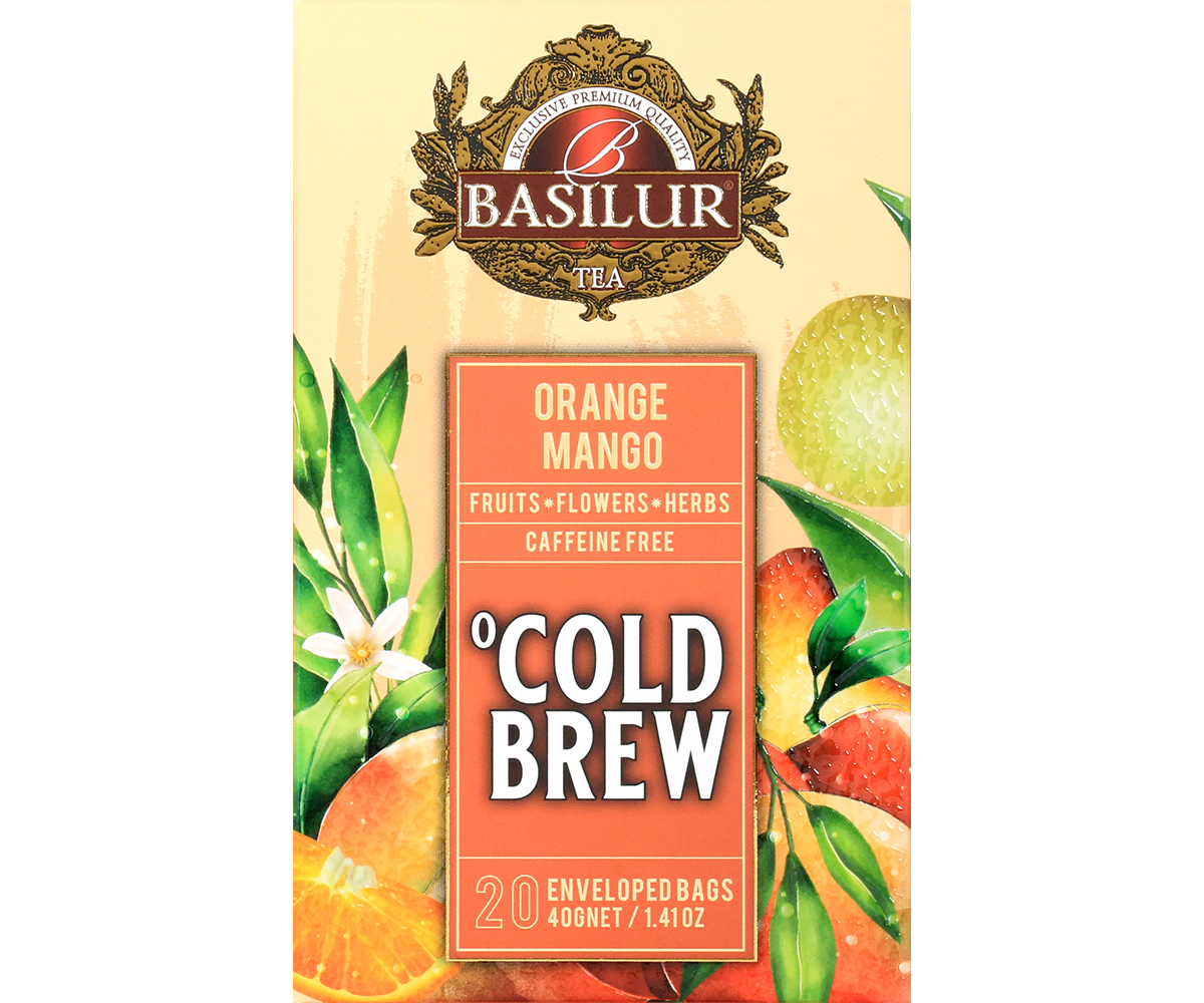 Przód opakowania Basilur Cold Brew Orange Mango, herbata owocowa bez kofeiny z pomarańczą i mango.