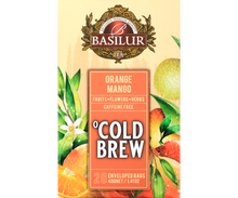 Przód opakowania Basilur Cold Brew Orange Mango, herbata owocowa bez kofeiny z pomarańczą i mango.
