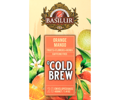 Przód opakowania Basilur Cold Brew Orange Mango, herbata owocowa bez kofeiny z pomarańczą i mango.