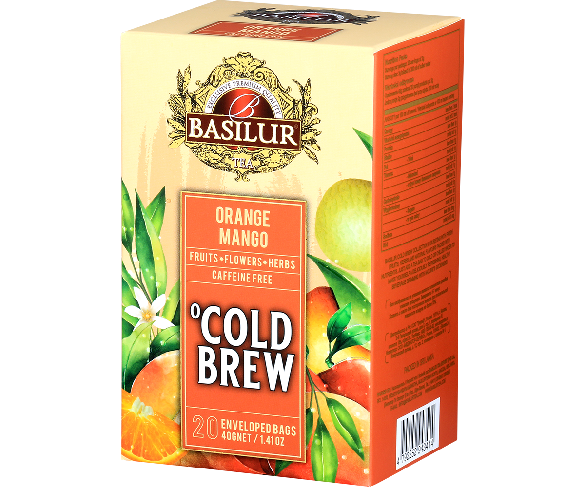 Bok pudełka Basilur Orange Mango Cold Brew, tropikalna mieszanka owocowa bez kofeiny.
