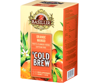 Bok pudełka Basilur Orange Mango Cold Brew, tropikalna mieszanka owocowa bez kofeiny.