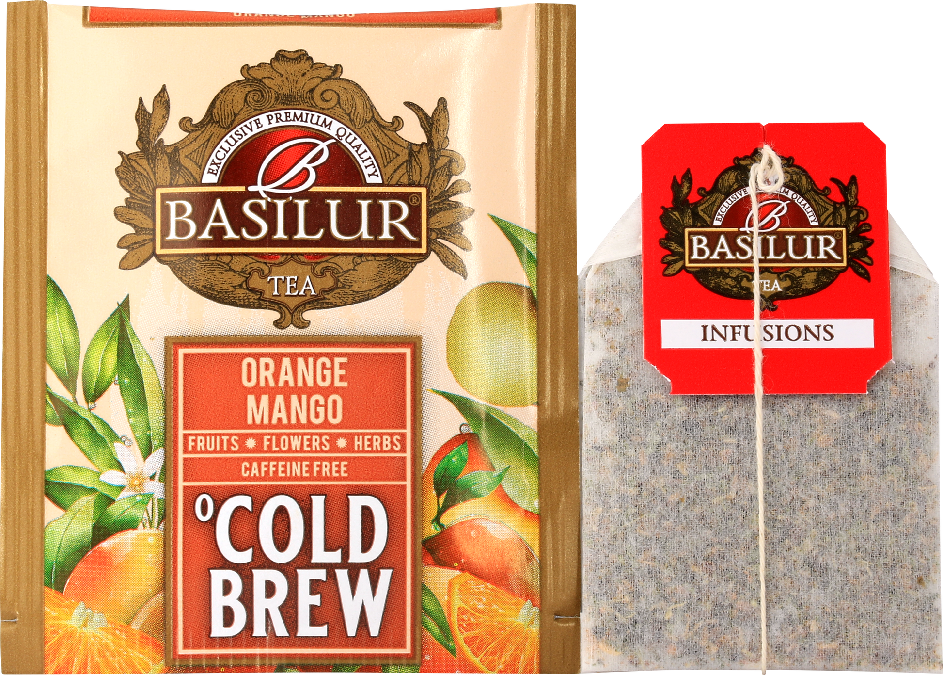 Koperta z torebką herbaty basilur orange mango.