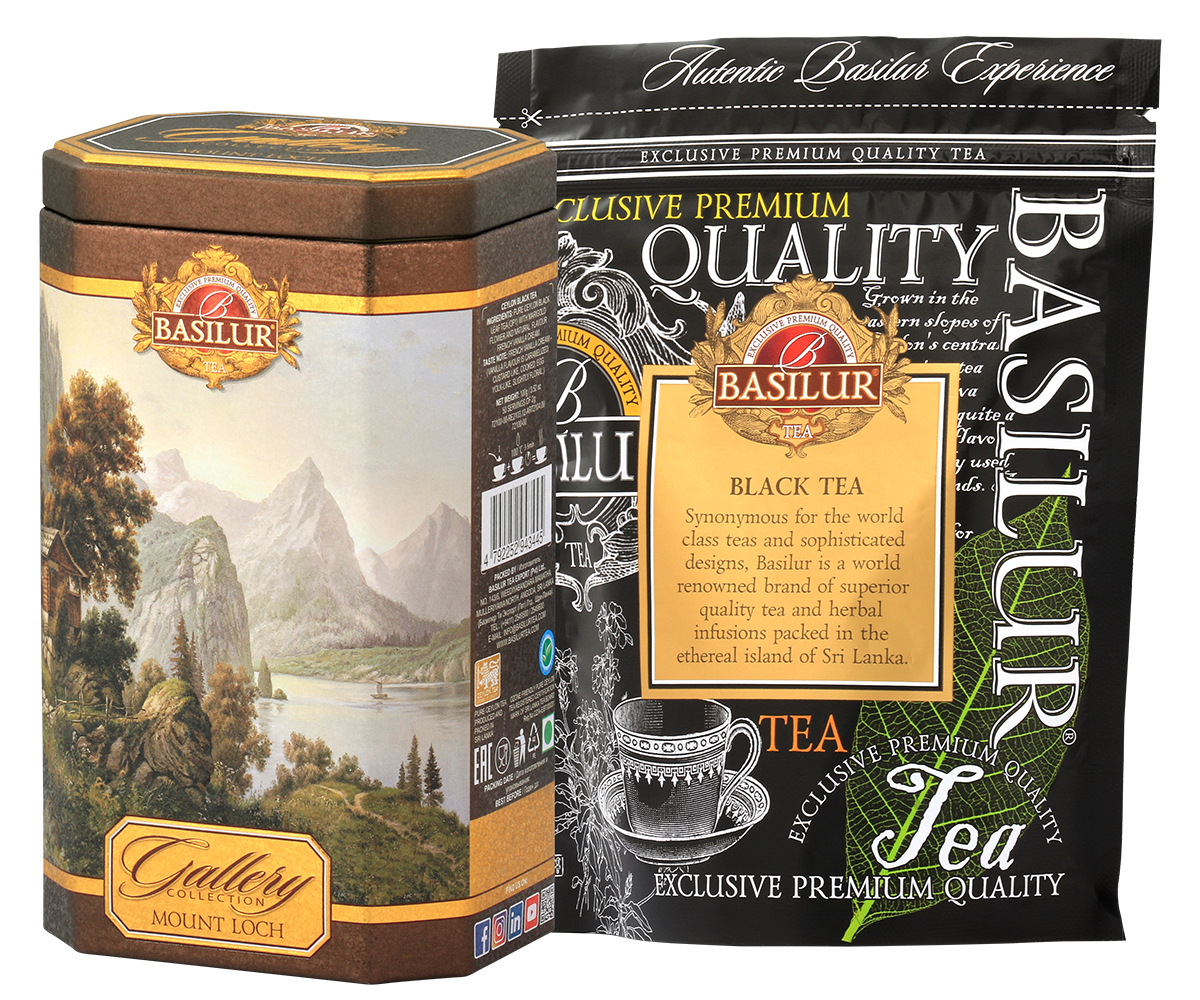 Basilur Mount Loch czarna herbata lisciasta 100 g w puszce oraz opakowanie foliowe
