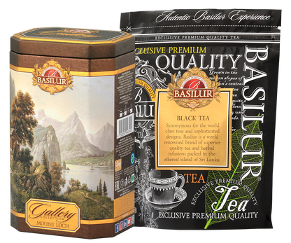 Basilur Mount Loch czarna herbata lisciasta 100 g w puszce oraz opakowanie foliowe