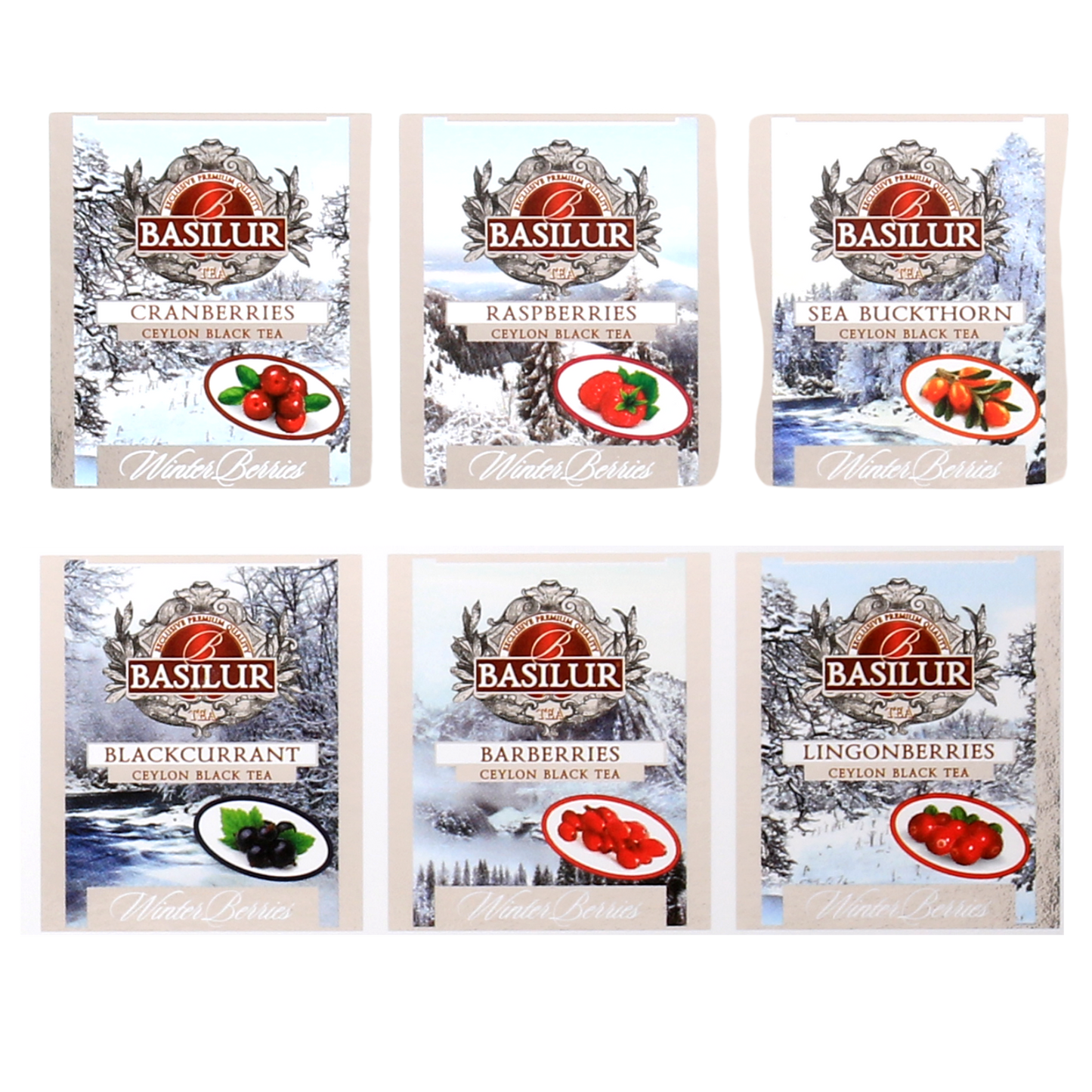 Saszetki herbat Basilur Winter Berries o smakach owoców leśnych – żurawina, malina, rokitnik, czarna porzeczka, berberys i borówka brusznica.