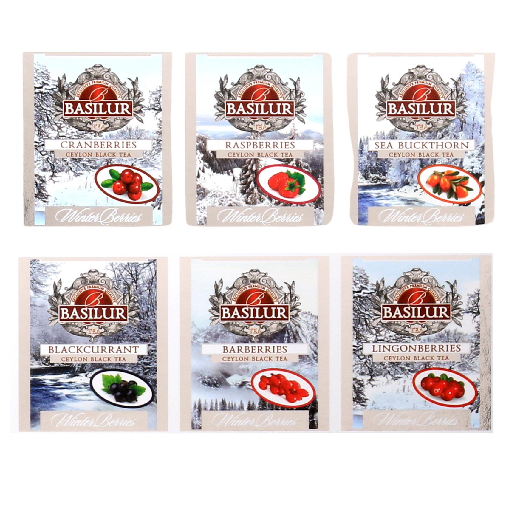 Saszetki herbat Basilur Winter Berries o smakach owoców leśnych – żurawina, malina, rokitnik, czarna porzeczka, berberys i borówka brusznica.