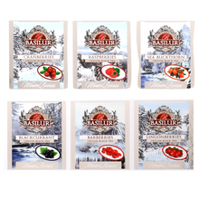 Saszetki herbat Basilur Winter Berries o smakach owoców leśnych – żurawina, malina, rokitnik, czarna porzeczka, berberys i borówka brusznica.