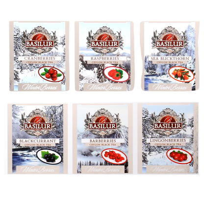 Saszetki herbat Basilur Winter Berries o smakach owoców leśnych – żurawina, malina, rokitnik, czarna porzeczka, berberys i borówka brusznica.