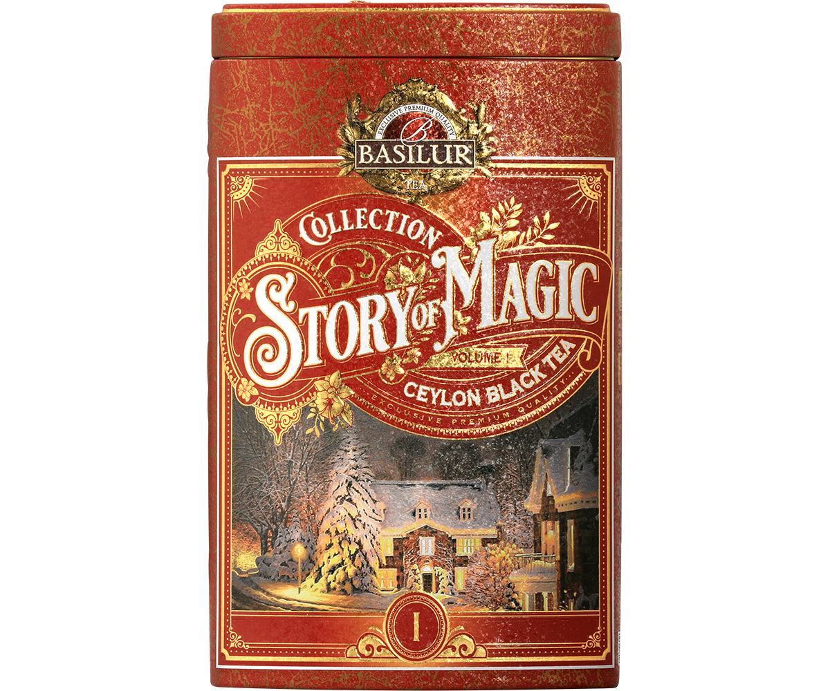 Herbata Basilur Story of Magic vol. I w czerwonej świątecznej puszce z zimowym krajobrazem.